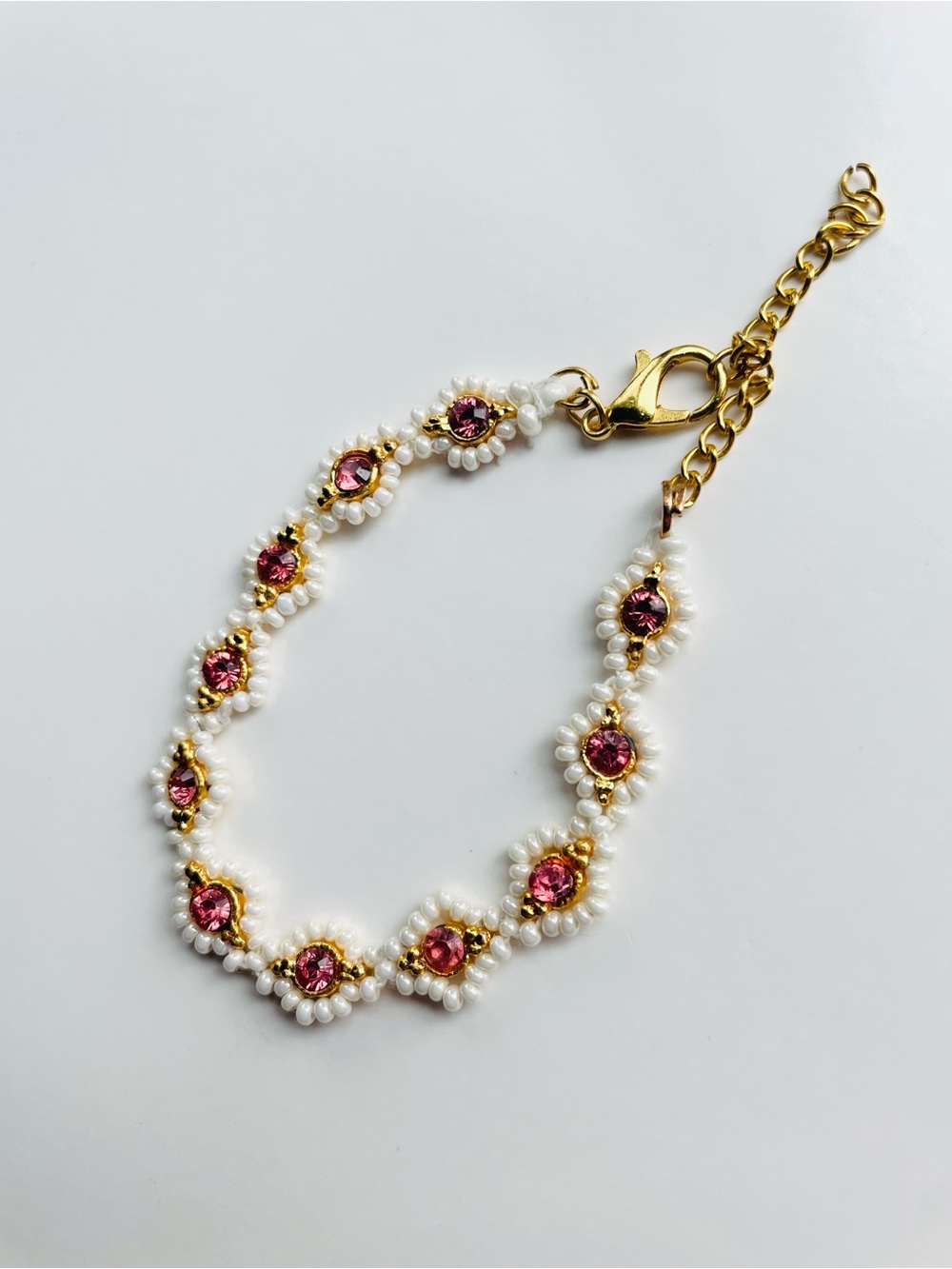 Handmade Delicate Bracelet Pink Crystal & Pearl Beaded Gold Dainty Indian